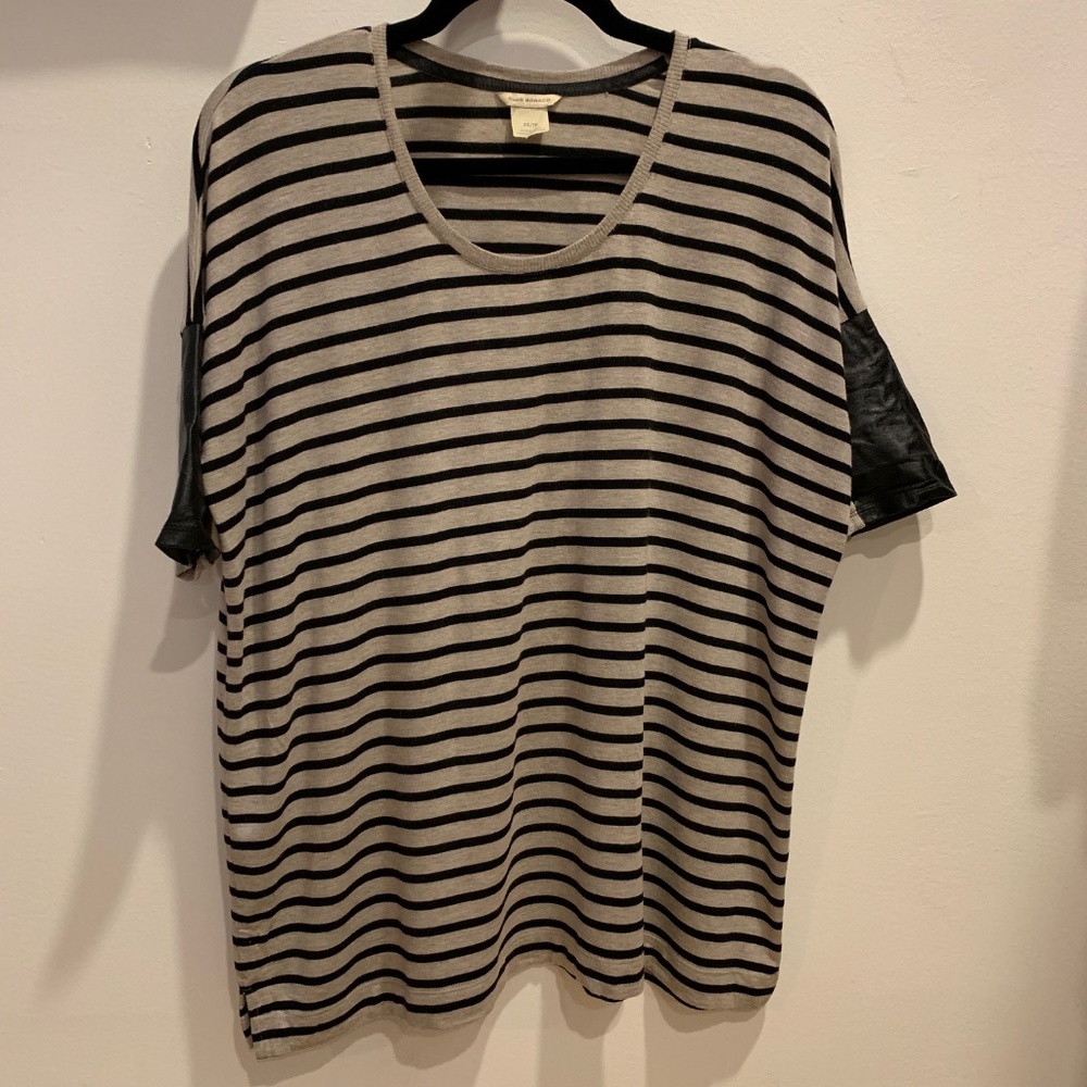 Club Monaco Striped Knit Tee w/ Leather Sleeves
